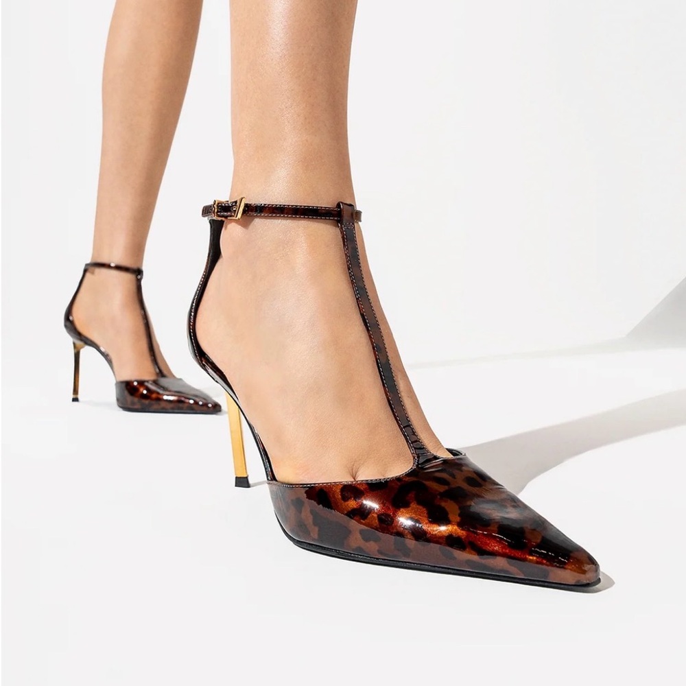 SCHUTZ T-Strap Pointed Toe Heels in Tortoiseshell Brown